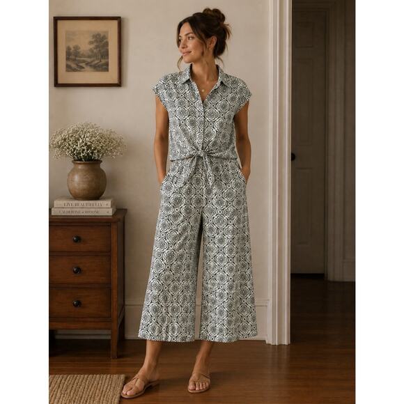Talbots Green White Linen Blend Medallion Pant Set Sz L Wide Leg Pants Resort